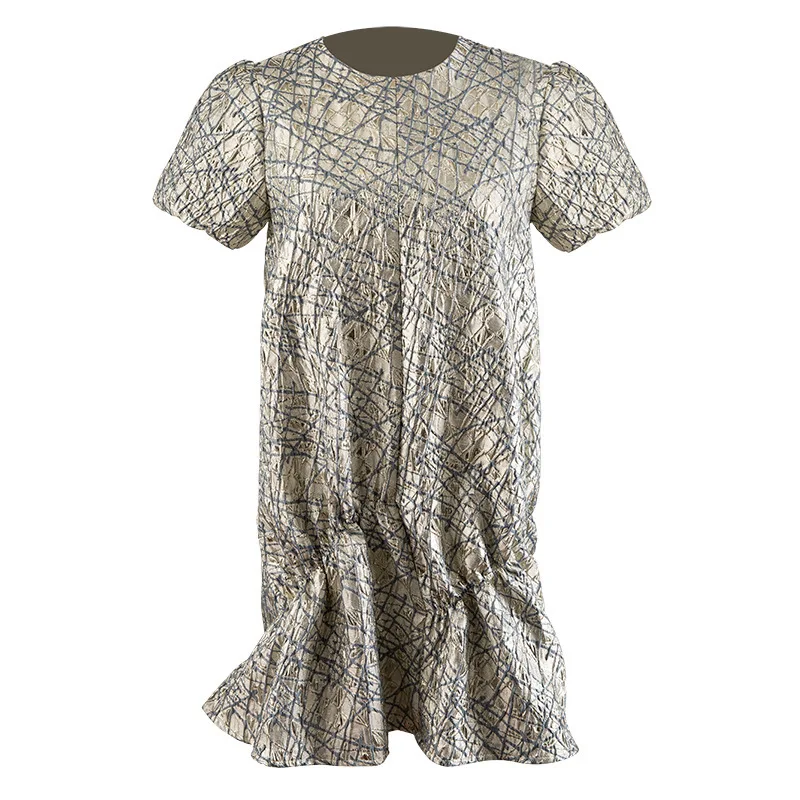 

Loose Retro Style Dress Luxury Silver Silk Relief Temperament Pleated Bubble Sleeve Dress Women