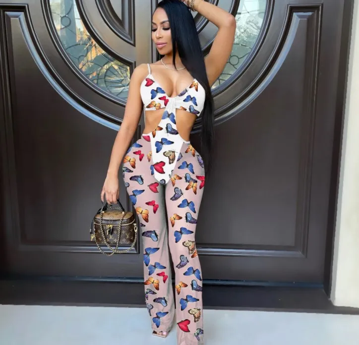 

2021 sexy sling deep V print halter and waistless fashion see-through jumpsuit