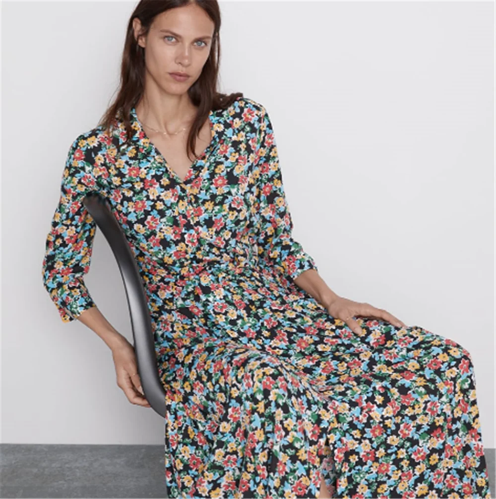 Женское богемное платье с цветочным принтом ZA модное отворотами популярное