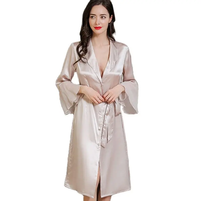P9952 New Fashion Long-sleeved Sexy Robe Female Spring and Summer 100% Silk Pajamas Bathrobe Women Home Clothes
