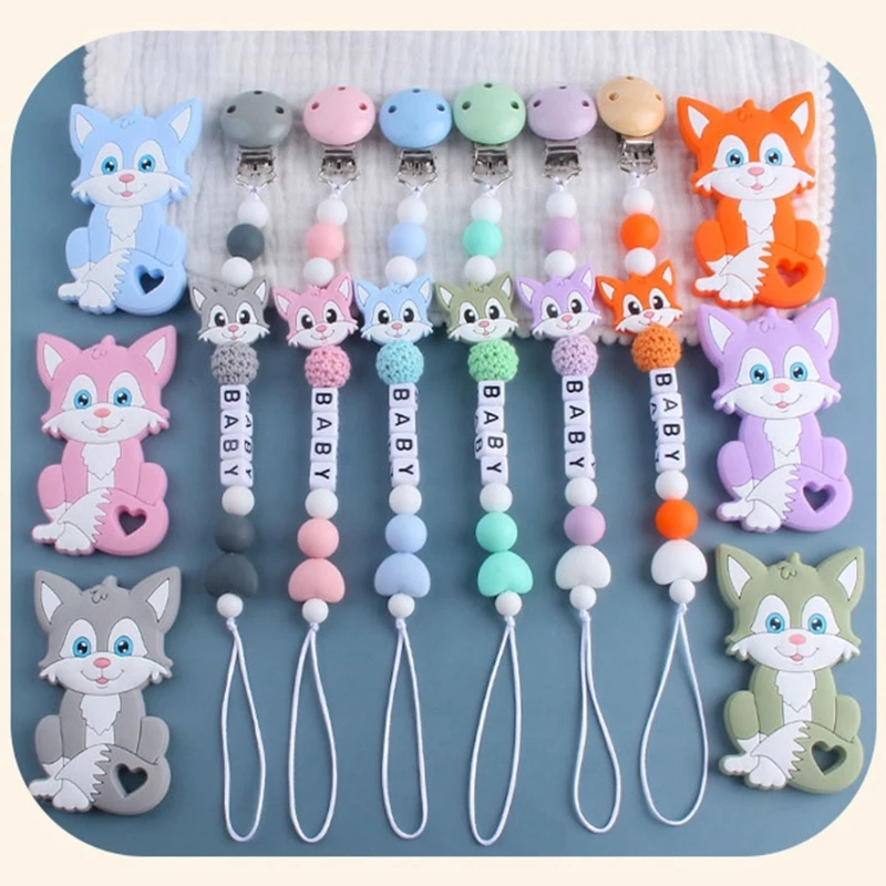 

2 Pcs Baby Silicone Pacifier Chain+Cartoon Animal Teether Set Nipple Dummy Clip Holder Infant Teething Soother Molar Toys Shower