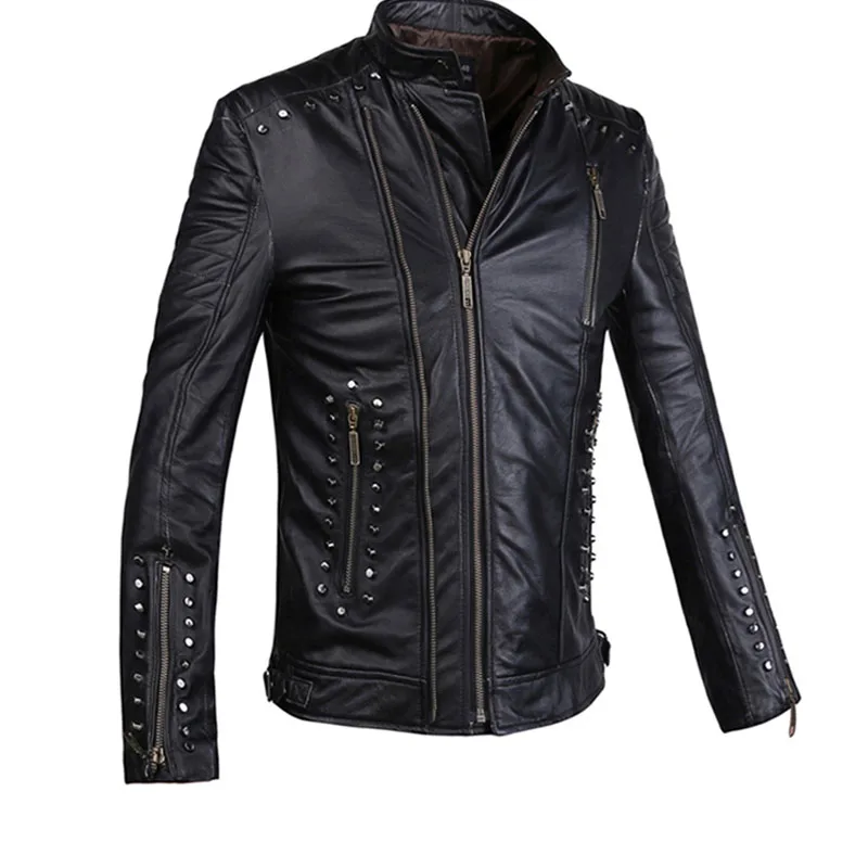 

Mens Genuine Leather Jacket Rivert Design Slim Sheepskin Leather Coat Stand Collar