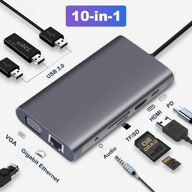 USB концентратор OFCCOM с портами Type C на HDMI 4k 3 0 VGA RJ45 Lan|USB-хабы| |