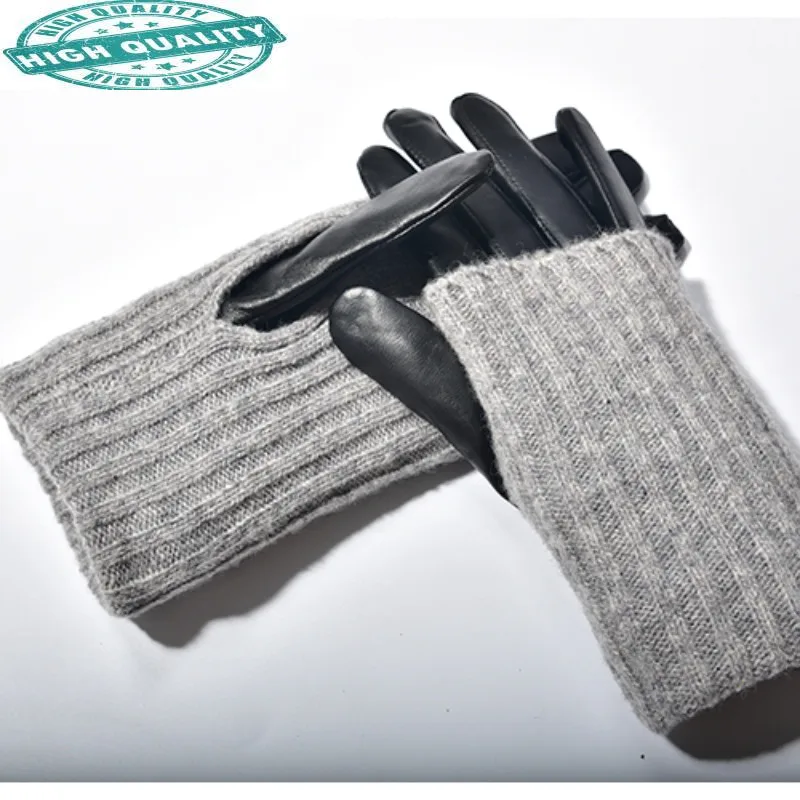 

Women Winter Genuine Sheepskin Leather Knitted Warm Full Fingers Plus Velvet Gloves Driving Guantes SQQ362