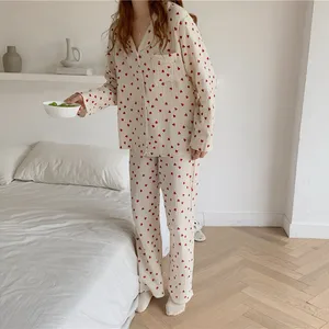 comfortable soft cotton home clothes love heart print long shirts pants homewear sleepwear autumn wo in USA (United States)