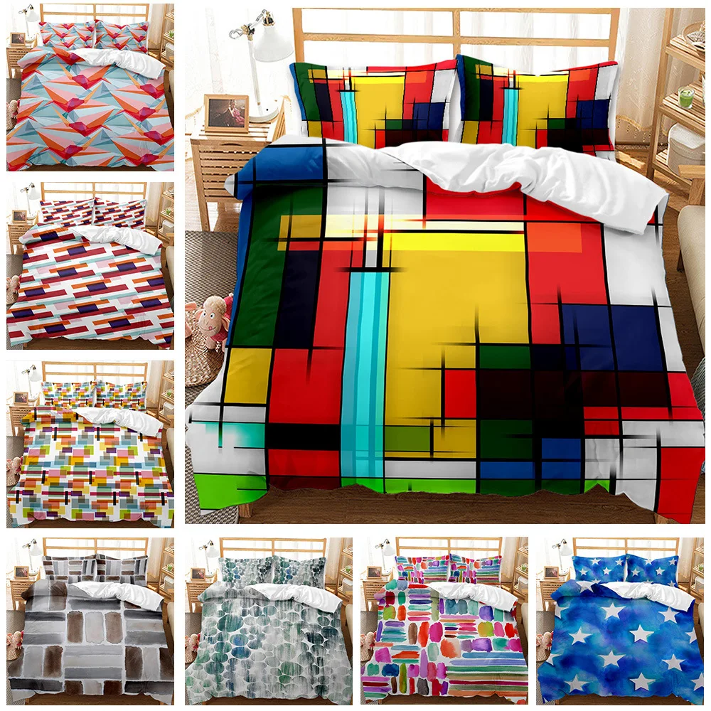 

Water Color Block Prints Duvet Cover Set Custom Quilt Cover Stars Bedding Set Queen King Size Geometric Splicing Comforter Cover