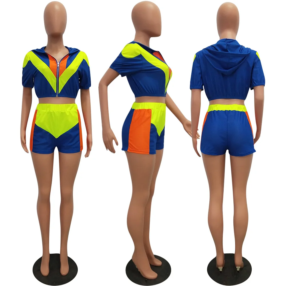 Летний женский комплект из двух предметов короткий рукав на молнии укороченный