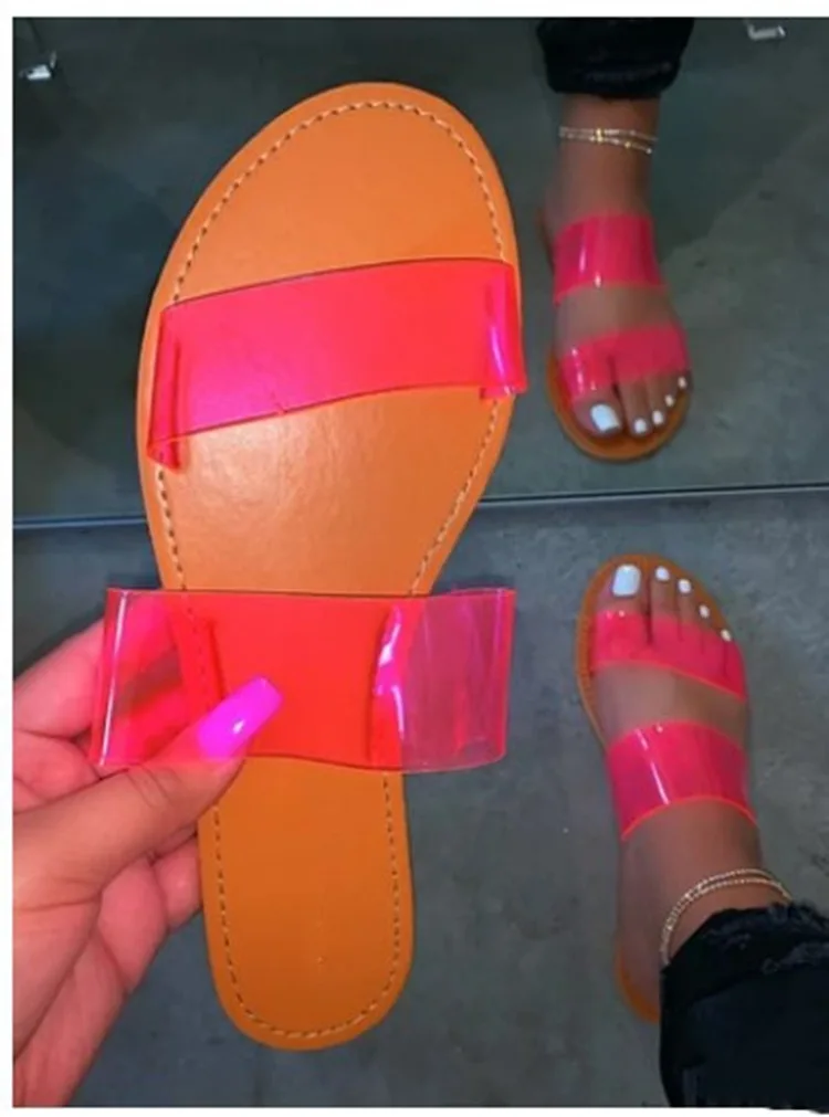 

Flat Shoes Female Transparent Slippers Slides Candy Colors Low Slipers Women Big Size 2021 Summer PU Basic Rubber Hoof Heels Fab