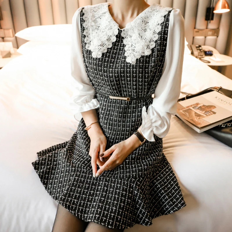 

spring autumn lace collar patchwork formal dress temperamental high quality work style elegant fresh comfortable a-line dress