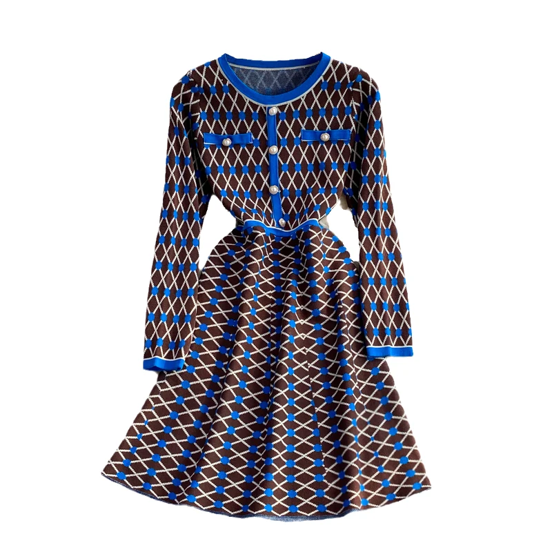 

Женское трикотажное клетчатое платье, винтажное однобортное Повседневное платье-трапеция с круглым вырезом и длинным рукавом, Осень-зима ...