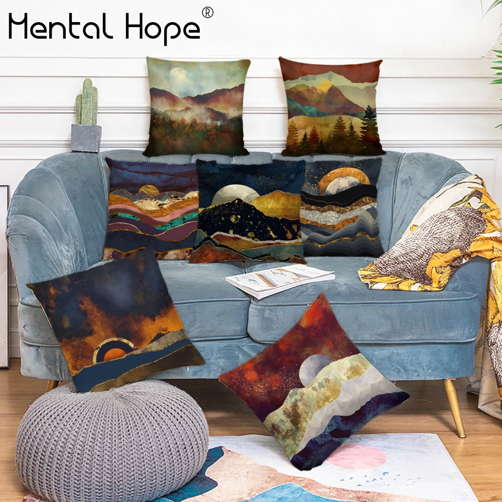 

Decorative Cushion Cover for Sofa Mountain Printed Throw Pillow Cover Home Decor Linen Cotton Square Pillowcase Drop Shipping