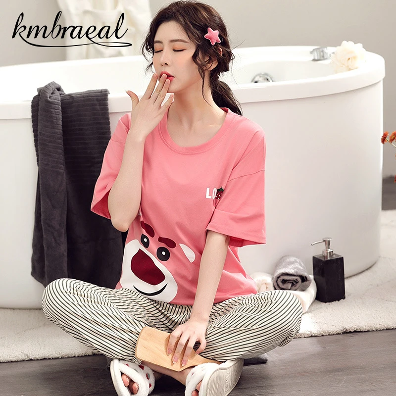 

Pajamas Set Women Short Sleeve Sleepwear Pure Cotton Grid Cartoon Autumn Homewear Two Piece Set Leisure Female Plus Size 3xl