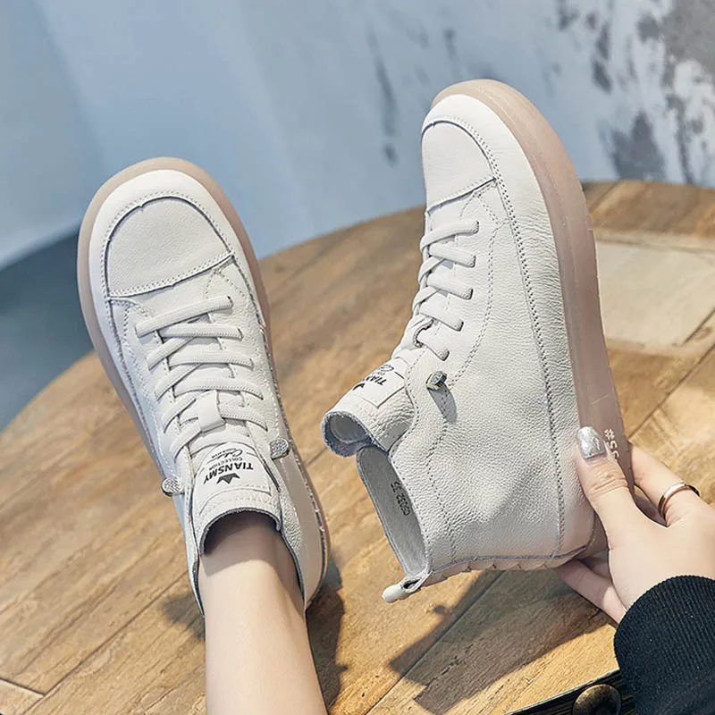 

Women Genuine Leather Sneakers Spring High-top Casual Shoes Autumn First Layer Cowhide Ladies High Top Vulcanized Shoes