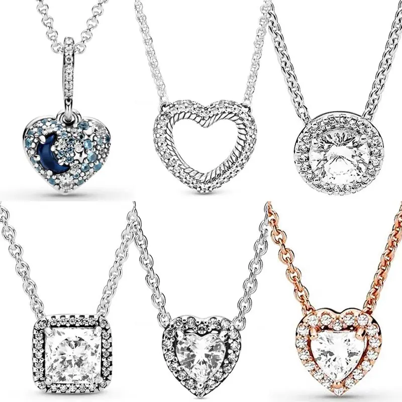 

Sparkling Blue Moon & Stars Open Heart Classic Timeless Elegance 925 Sterling Silver Necklace For pandora Bead Charm Jewelry