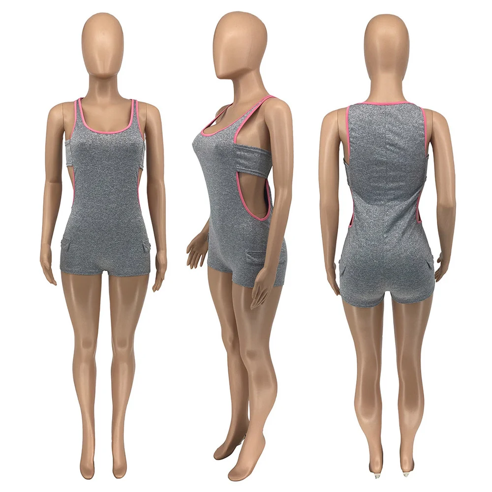 

Waist Band Cut Out Fitness Rompers Womens Jumpsuit Summer Low Cut Sleeveless One Piece Overall Activewear Yoga Running Playsuit