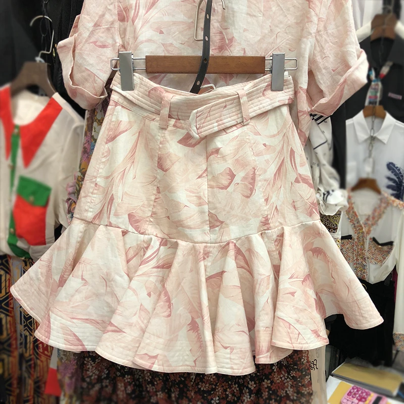 

Two Piece Sets Women 2020 Spring and Summer New Fashion Printing Suit Short-Sleeved Pocket Thin Shirt + Skirt Set 2-Piece Set