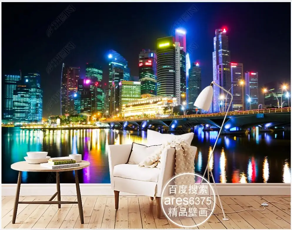 Фотообои 3d с изображением ночного города неоновые огни моста высотных зданий