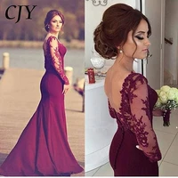 elegant sheer long sleeve mermaid dark red satin dress plus size applique lace burgundy prom gown mother of the bride dresses