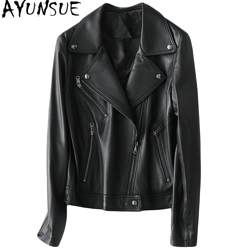 AYUNSUE 100% Real Sheepskin Jacket Woman Genuine Leather Coat Famale Short Motorcycle Style Outerwear Casacas Para Mujer SQQ84