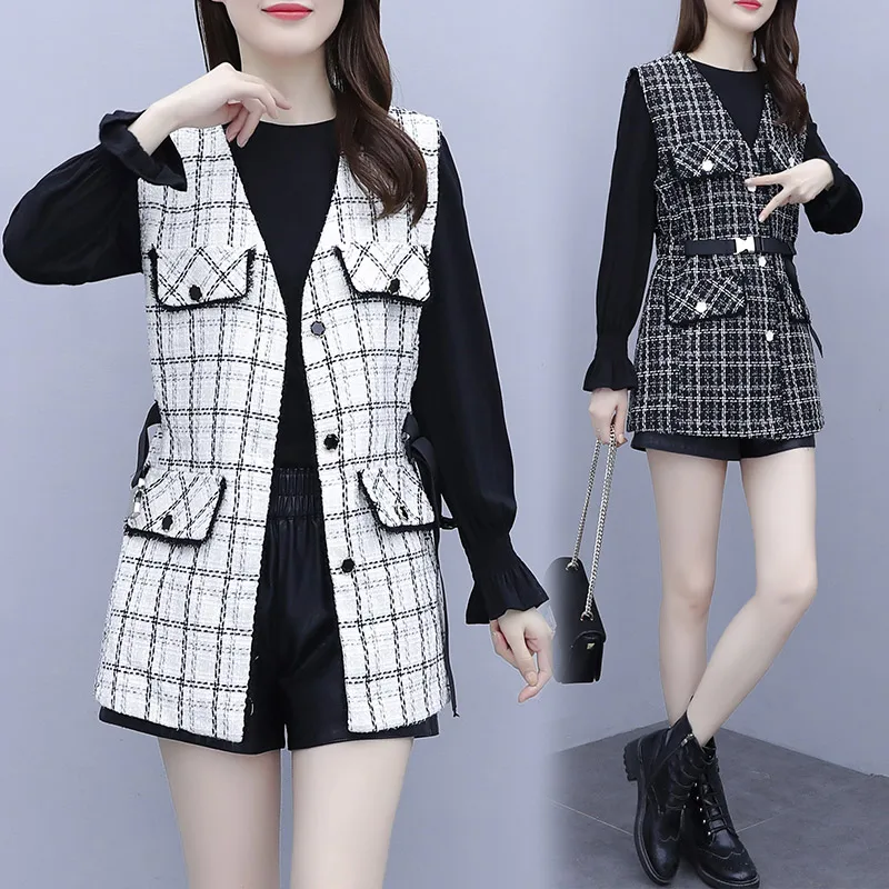 Женский вязаный костюм двойка зимний шерстяной жилет и рубашка в клетку|Жилеты