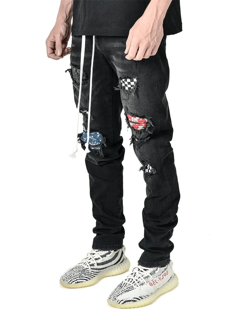 

New Men's Slim-Fit Ripped Pants New Men's Painted Jeans Patch Beggar Pants Jumbo