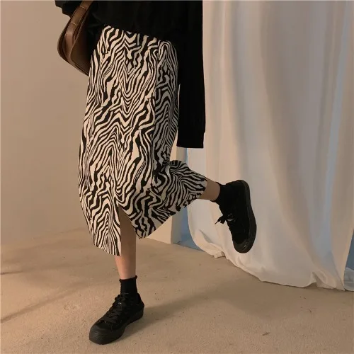

Vintage Zebra Pattern Skirt Women High Waist Split Midi Skirt Summer Korean Fashionr Skirts for Women Harajuku Streetwear
