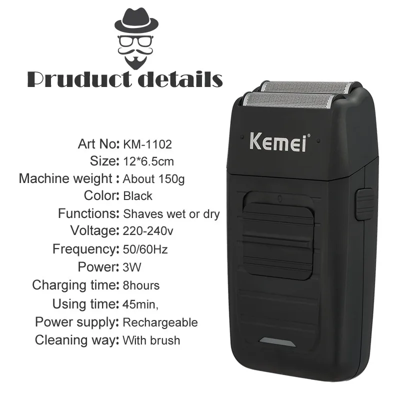 

Kemei KM-1102 Rechargeable Cordless Shaver for Men Twin Blade Reciprocating Beard Razor Face Care Multifunction Strong Trimmer