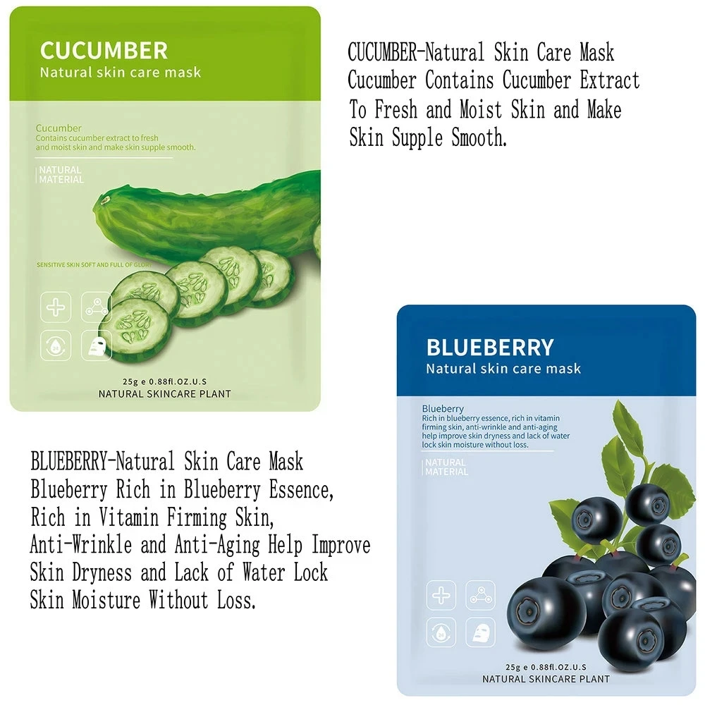 

12pcs Naturial Face Mask Skin Care Six Fruit Essence Aloe Pomegranate Blueberry Honey Moisturizing Whitening Oil Control
