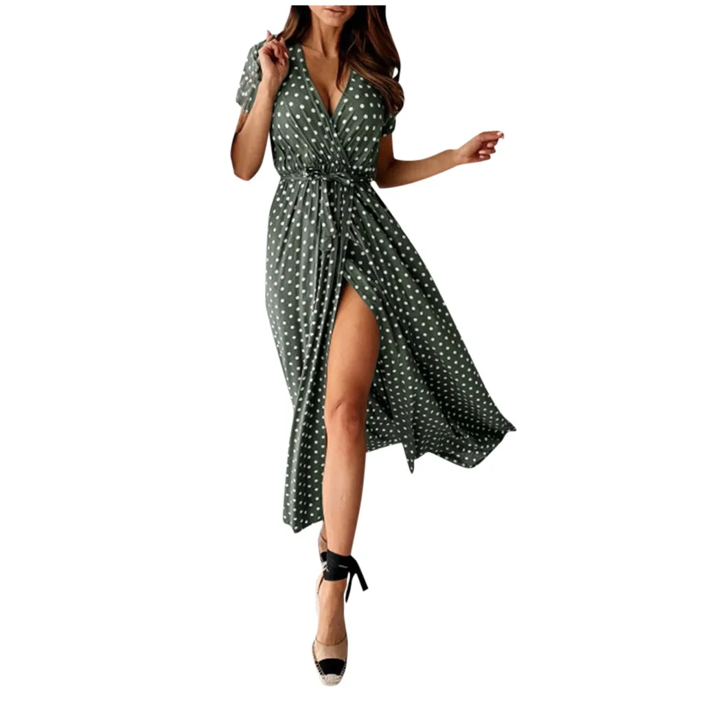 Женское платье макси с глубоким v образным вырезом летнее и коротким рукавом в