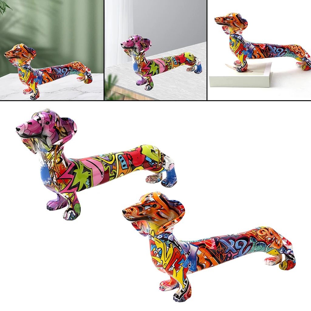 

Graffiti Dog Figurine Multicolor Dachshund Statue Animal Sculpture Ornament for