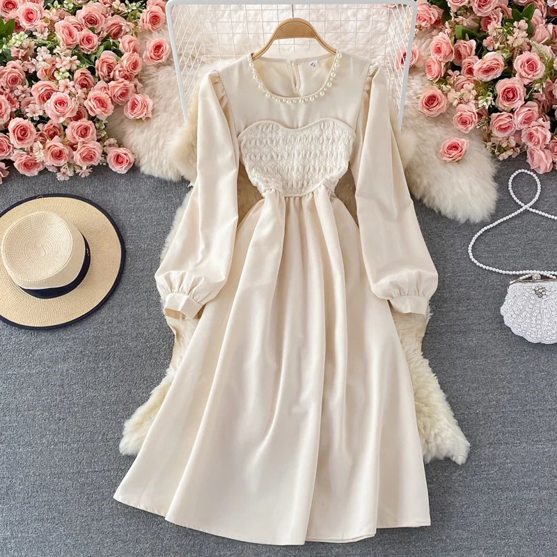 

Женское платье-миди с длинным рукавом, элегантное платье-миди в Корейском стиле, с круглым вырезом, со складками и тонкой талией, осень 2021