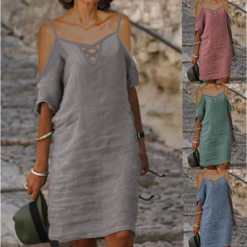 

Summer Sexy Chic Sling Lady Dress Elegant Hollow Out Party Dresses Women Casual Solid Off Shoulder Short Sleeve Loose Dress 5XL