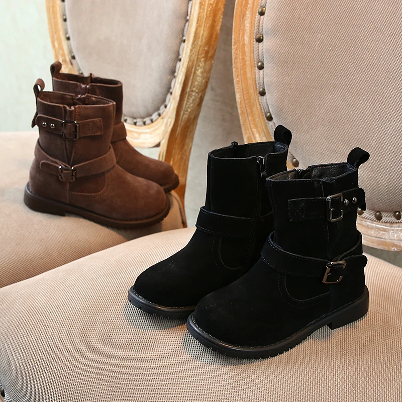 Girl Boots British Style Kids Boys Fashion Child Snow Booties Black Mid-top Soft Anti-Slip Buckle Strap SX224 | Мать и ребенок