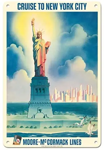 

Cruise to New York City - Statue of Liberty - Moore-McCormack Lines - Ocean Liner by C. A. Rosser c.1950s Metal Tin Sign