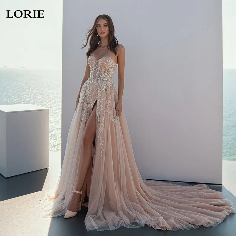

LORIE Champagne Beach Sweetheart Wedding Dresses 2022 A Line Appliqued Lace Bridal Dress Long Side Split Boho Wedding Gowns