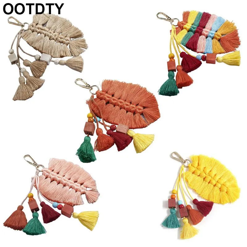 

Pure Handmade Creative Cotton Tassel Pendant Leaves Wooden Beads Bag Ornaments Nordic National European Keychain Decoration