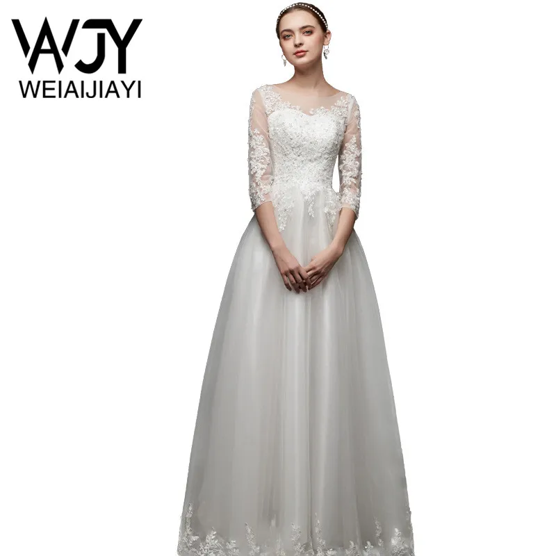 

Customize Brida Wedding Dress Scoop Sheer Neck 3/4 Long Sleeve Long Lace Up Appliques Ruffles Vestido De Novia Robe De Mariee