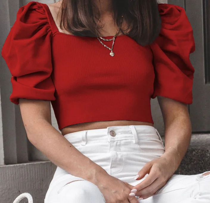 Женский однотонный топ и блузка с пышными рукавами u вырезом элегантная летняя