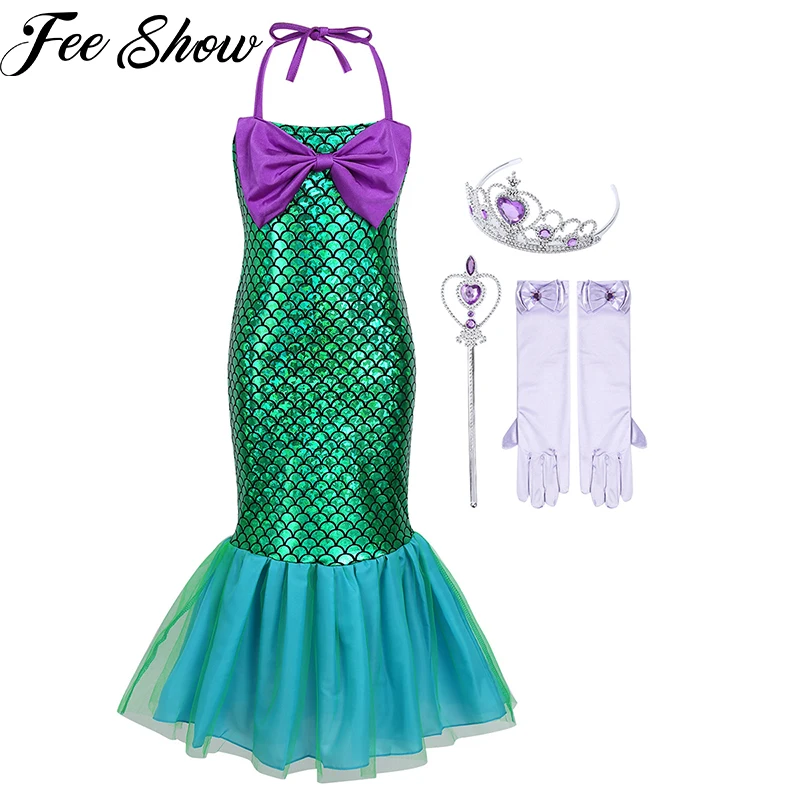 Детское блестящее платье с лямкой на шее для девочек русалки принтом рыбьей