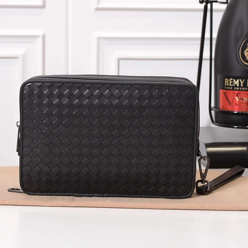 

Men Woven Clutch Bags High Quality Luxury Designer Cow Genuine Leather Purse Fashion Large Capacity Double Zipper Casual Wallet