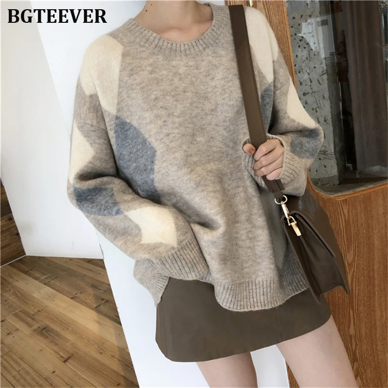 Autumn Winter Women Sweater Plaid O-Neck Warm Minimalist Knitting Pullovers Elegant Ladies Female Loose Knitted Tops Jumpers | Женская
