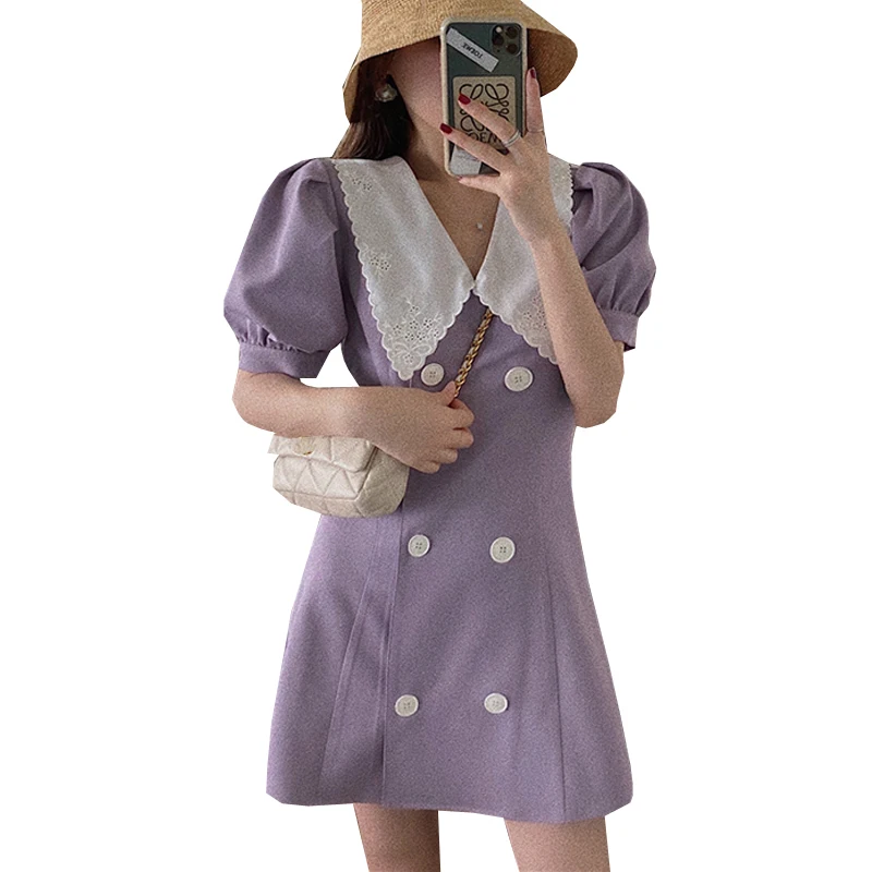 

Summer Sweet Women Dresses Purple V-Neck Female Dress Puff Sleeve Women's High Waist Dresses Kawaii Basic Ladies Girls Dress