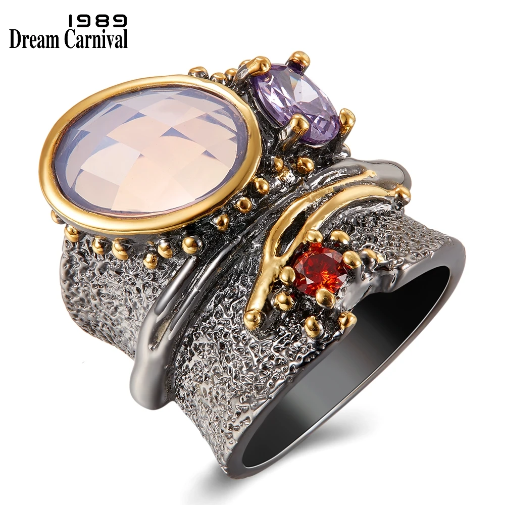 DreamCarnival 1989 New Arrival Binding Look Wedding Ring for Women Black Gold Color with Pink Purple Zirconia Wholesale WA11749