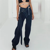 ins american 2021 winter new womens fashion low waist personality belt straight casual wide leg denim trousers spot wholesale