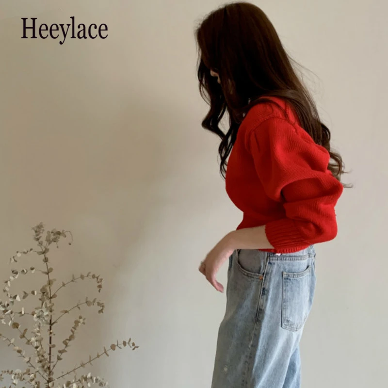 

Autumn Candy Colors Slim Waist Pullovers 2020 O-neck All-match Knitted Sweater Puff Sleeve Soft Warm Tops Women