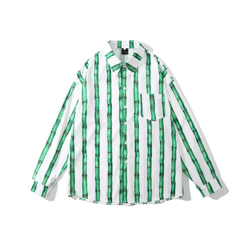 

Брендовая мужская рубашка в стиле хип-хоп с бамбуковым принтом, рубашка с длинным рукавом, уличная одежда в стиле Харадзюку, повседневные св...