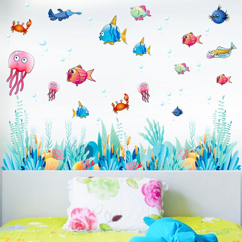 [SHIJUEHEZI] Мультяшные рыбки наклейки на стену DIY морские водоросли растения