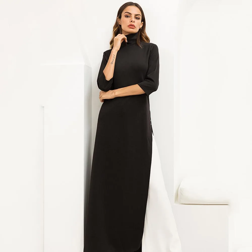 Женская мода размера плюс Макси платье Асимметричный западный стиль Водолазка