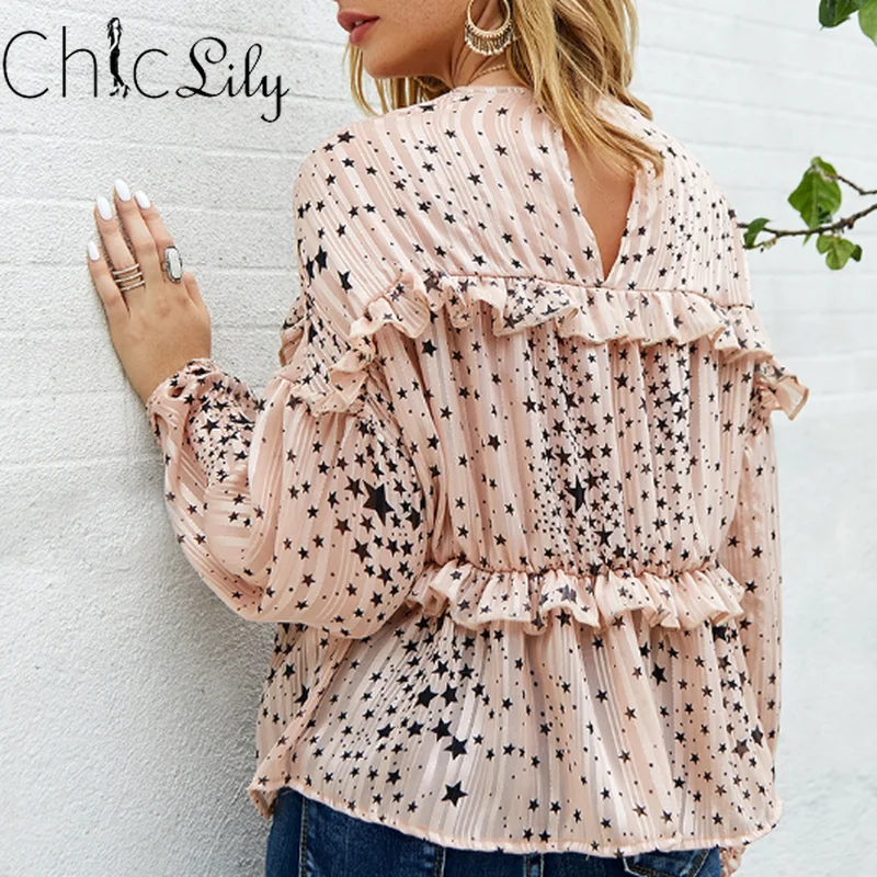 

Chiclily Star Print Chiffon Long Sleeve Blouse Top Round Neck Sweet Casual Shirts Fashion Clothing Women