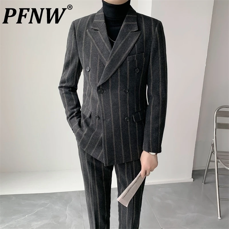 

PFNW Men's Wool Thickened Dark Gray Slim Fit Double Breasted Suit Elegant Retro Striped Blazer Male Daily Set England Style 1122